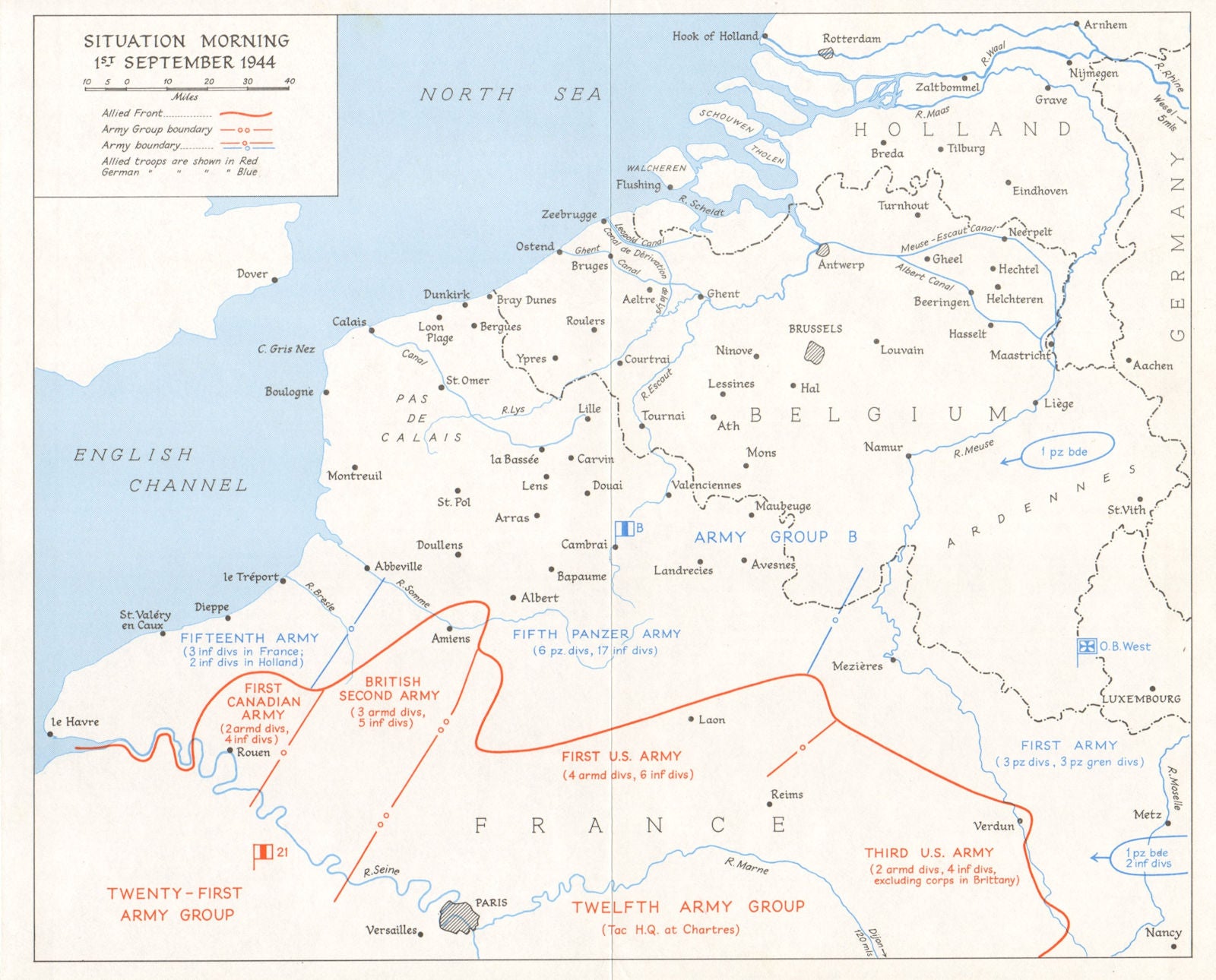 World War Two. Advance into Belgium. Situation 1st September 1944 1968 old map